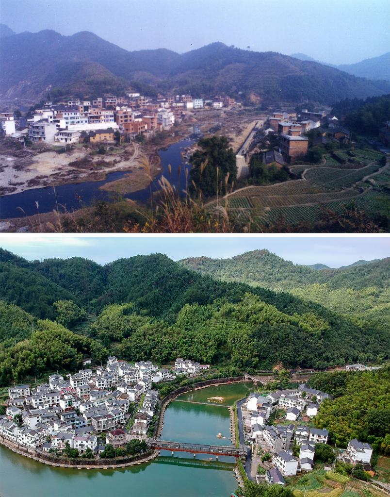 圖為浙江省杭州市淳安縣楓樹嶺鎮(zhèn)下姜村拼版圖，其中上圖為資料照片、下圖由新華社記者張鋮攝。